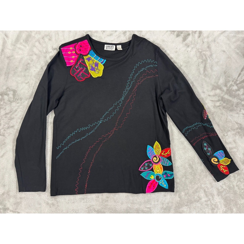 Vintage Chicos Blouse Womens 2 Black Floral Colorful Artwear Rayon Blend Stretch